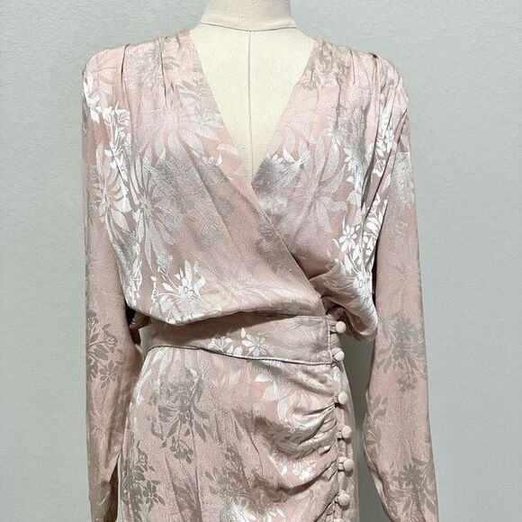 Vintage 80s Blouson Jacquard Drape Midi Dress Sz S Powder Pink Elegant Ladylike - Picture 6 of 9